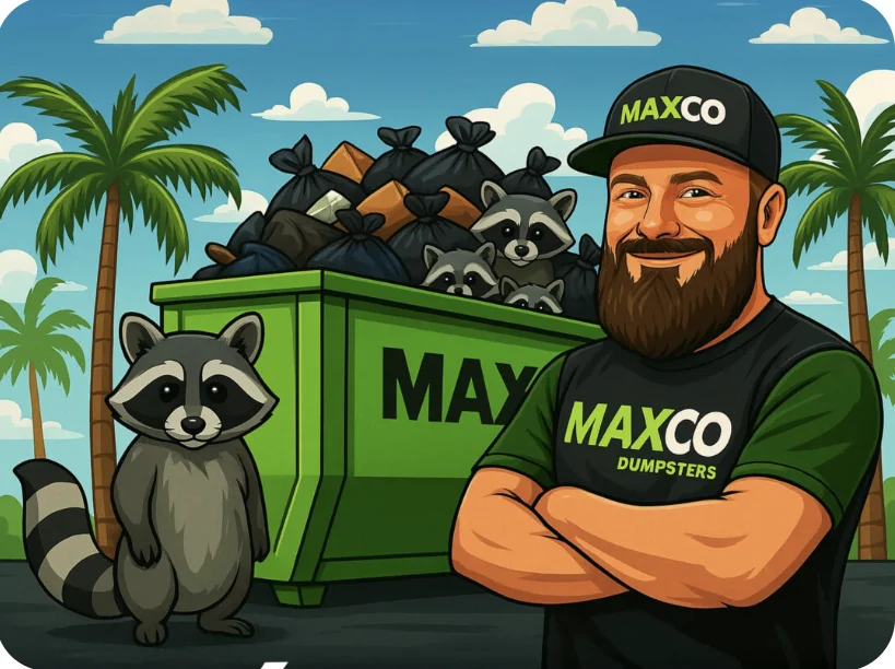 Cartoon of the MAXCO Dumpsters owner and raccoon mascot beside a full green dumpster under palm trees
